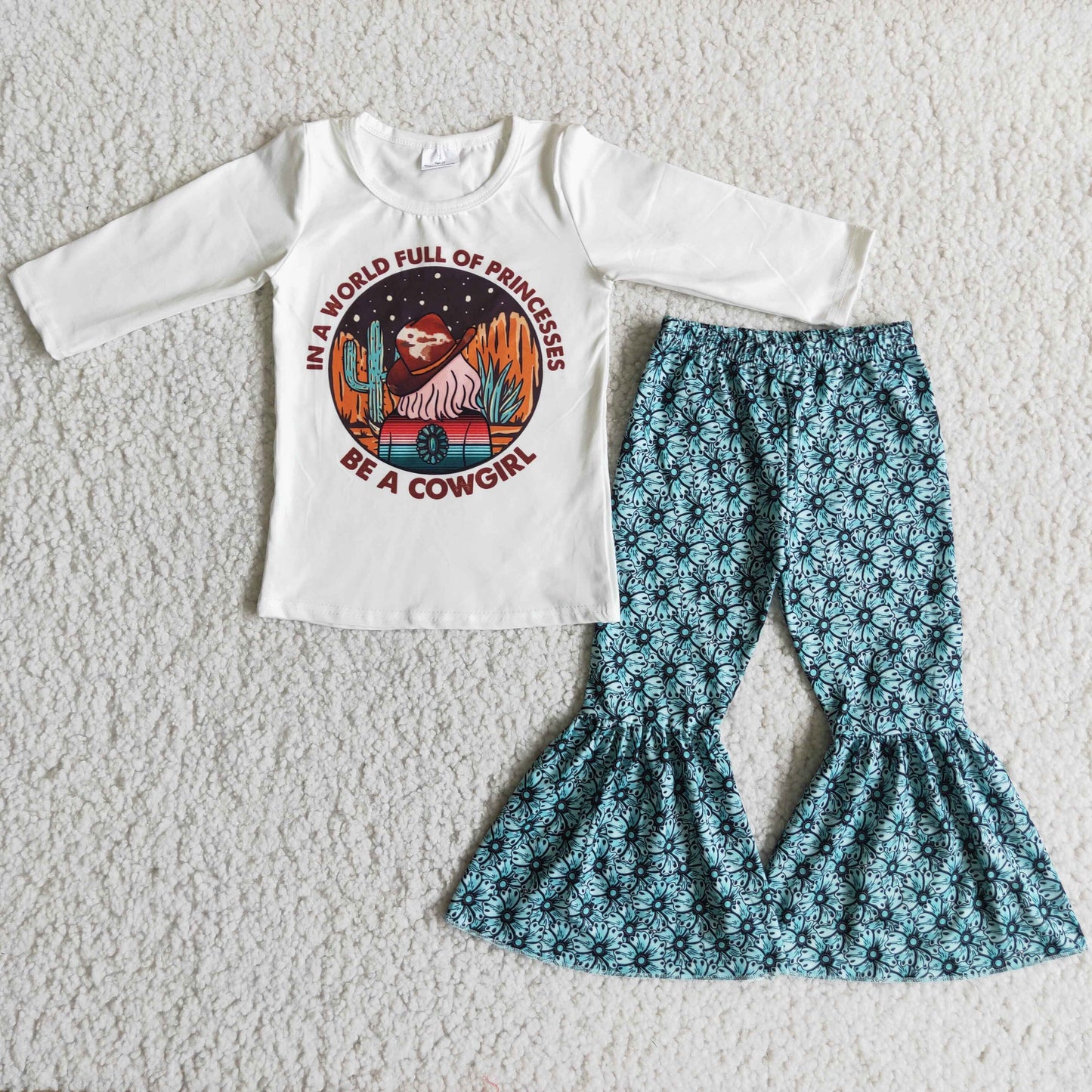 RTS NO MOQ(In Stock) 6 A14-29 COW GIRL white three-quarter sleeve top floral bell pants suit