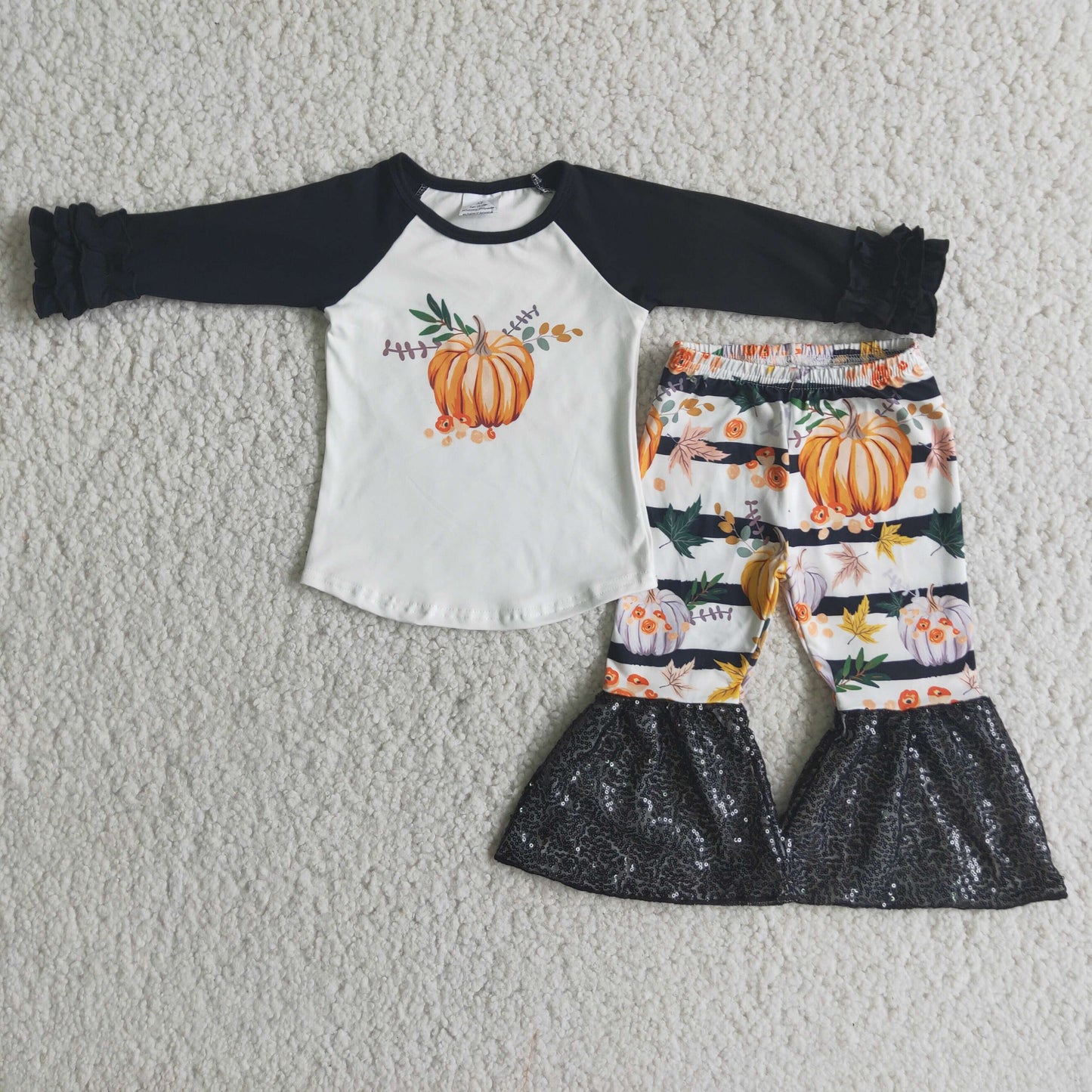 RTS NO MOQ(In Stock) 6 A20-29 Pumpkin top long sleeve black sequin flared pants
