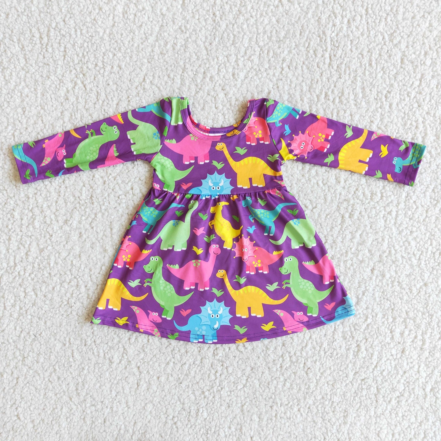 RTS NO MOQ(In Stock) Dinosaur Purple Long Sleeve Dress