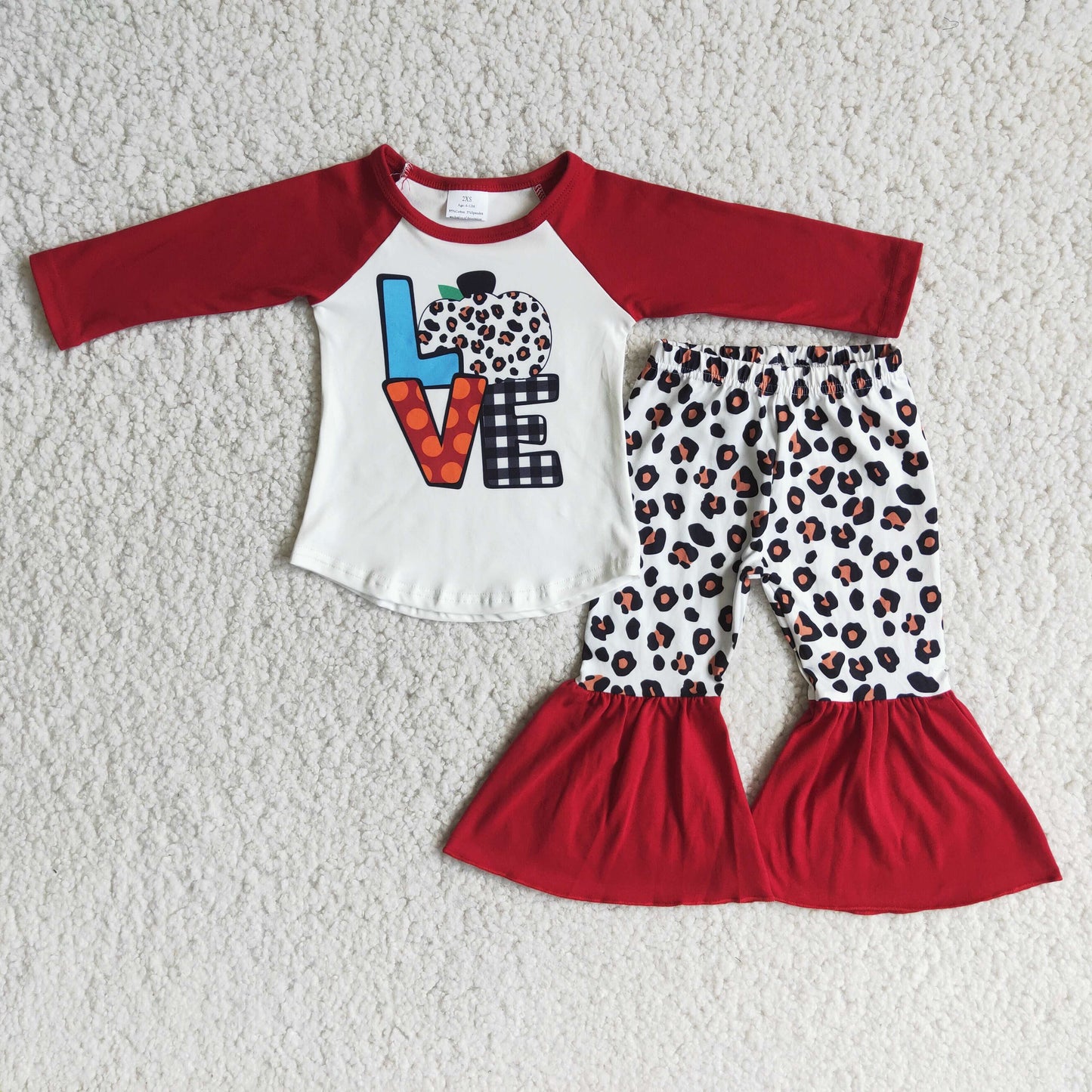 RTS NO MOQ(In Stock) 6 A4-29 LOVE letter long-sleeved top red leopard print bell bottoms