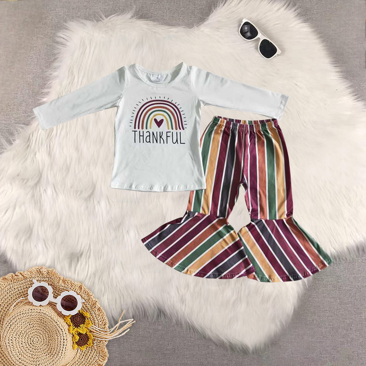 RTS NO MOQ Sibling Baby Girls thankful pumpkin Long Sleeve Pants Set