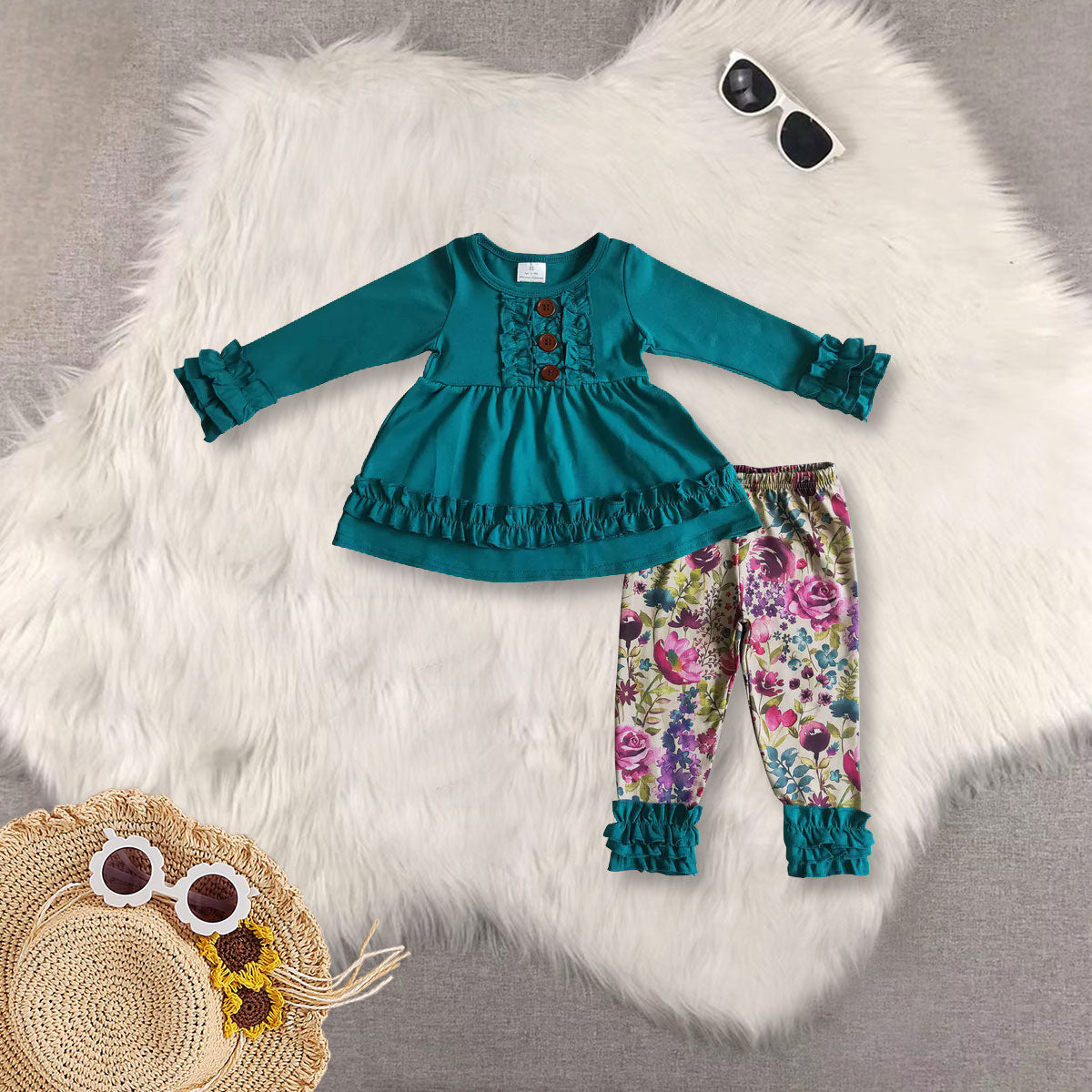 RTS NO MOQ Sibling baby girl clothes Solid Color Lace Cuff Long Sleeve Top & Ruffle Hem Mixed Long Sleeve Pants sets