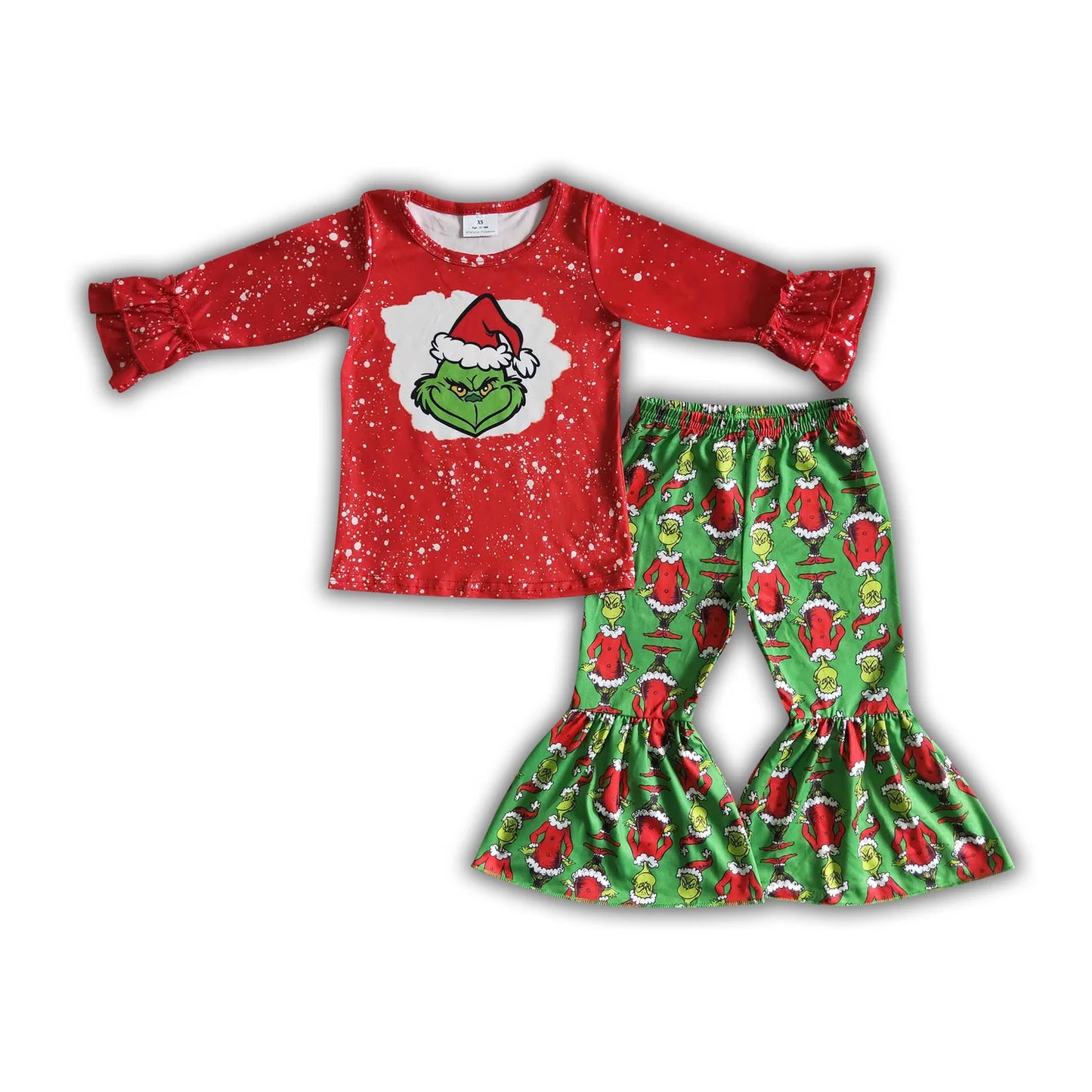 RTS NO MOQ Sibling milk silk Baby Girls Christmas Tractor Tree Bell Print Long Sleeve Top And Flared Bell Bottom Pants Two Piece Holiday Clothes Set