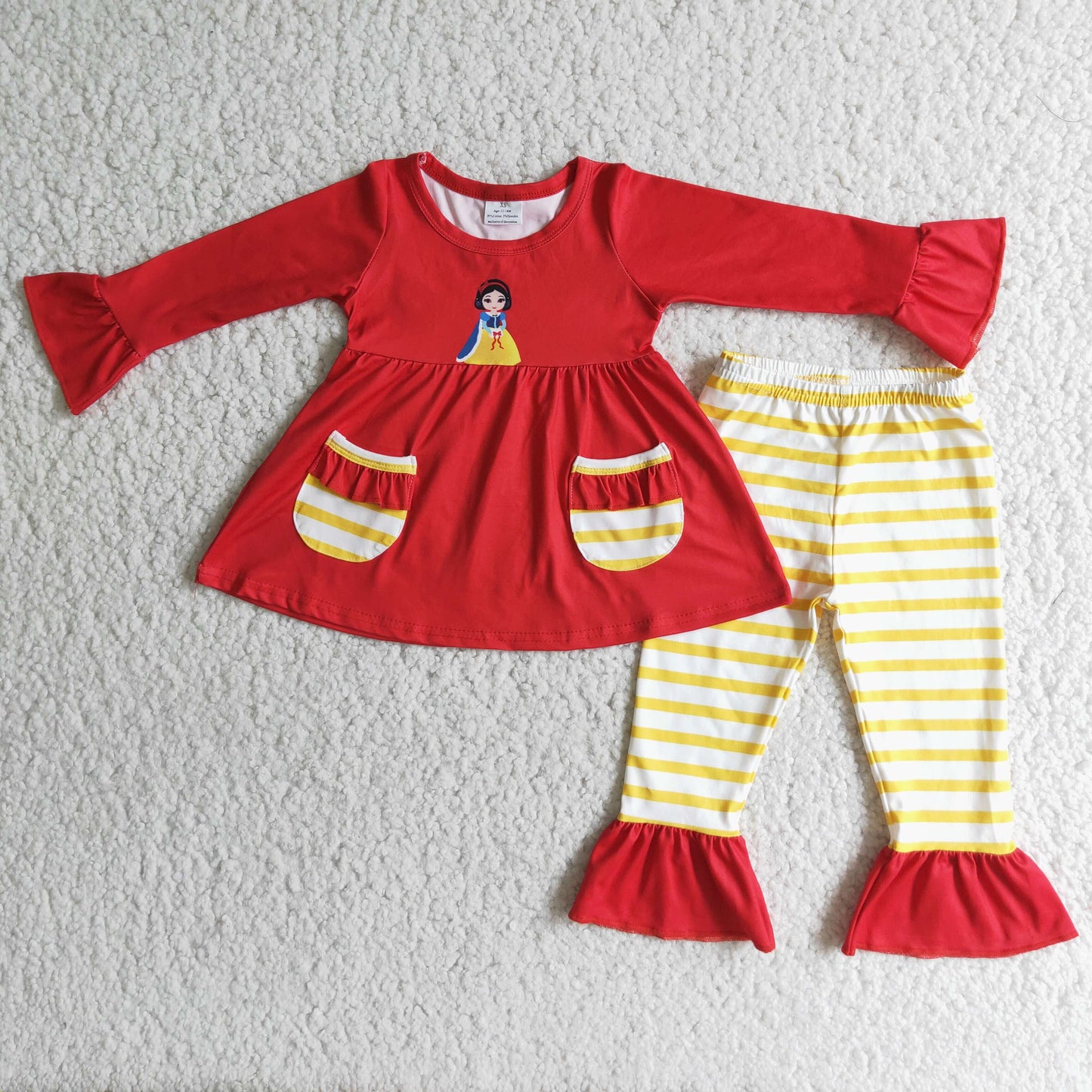 6 C10-16 Girls Pocket Red Top Yellow Striped Pants Suit