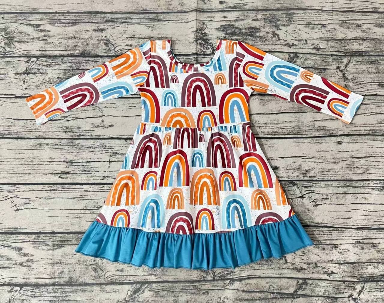 Rainbow Print Blue Lace Long Sleeve Dress