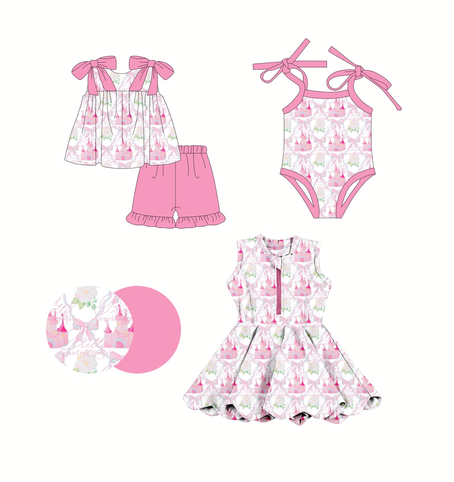 2.25 custom each style moq 5eta 4-6week Sibling Sisters castle bow baby girl short sleeve shorts sets and dress and rompers match family design