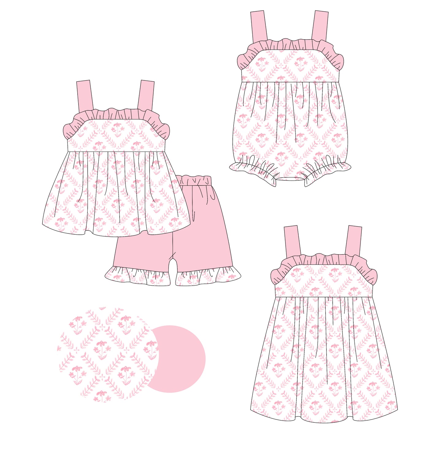 3.6 custom each style moq 5eta 4-6week Sibling Sisters floral baby girl short sleeve shorts sets and dress and rompers match family design