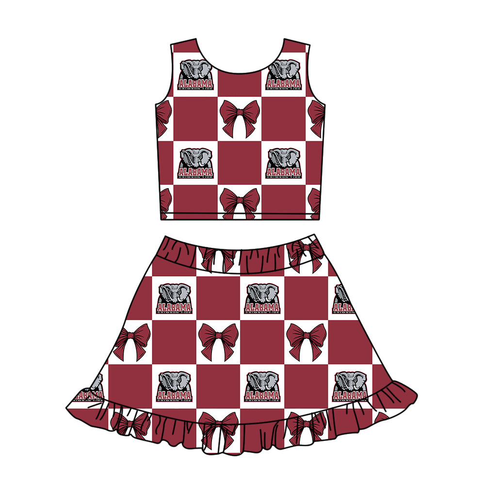 Custom moq 3 or 5 mix size milk silk summer teams baby girl clothes bow dark red sleeveless skirts sets-26.1.17