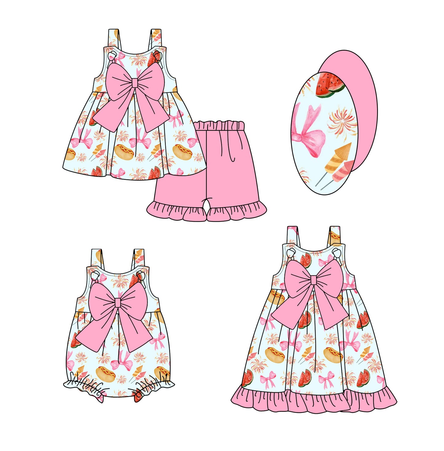 2.15 custom each style moq 5eta 4-6week Sibling Sisters bow baby girl short sleeve shorts sets and dress and rompers match family design