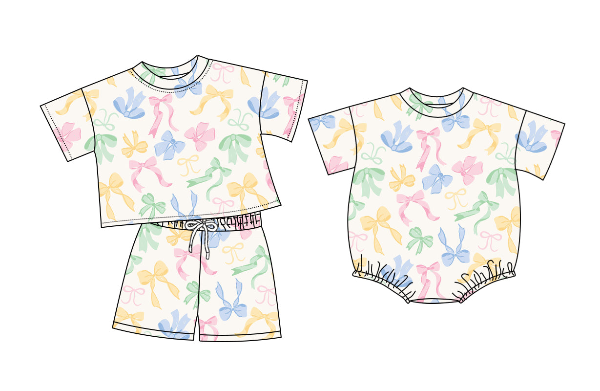 26.1.9 custom each style moq 5 eta 6-8week Sibling Sister bow baby girl short sleeve shorts sets and romper match design