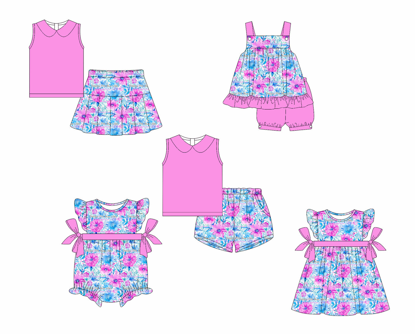 4.15 custom each style moq 5eta 4-6week Sibling Sisters floral baby girl short sleeve shorts sets 1 and sets 2 and skirt sets and dress and rompers match family design
