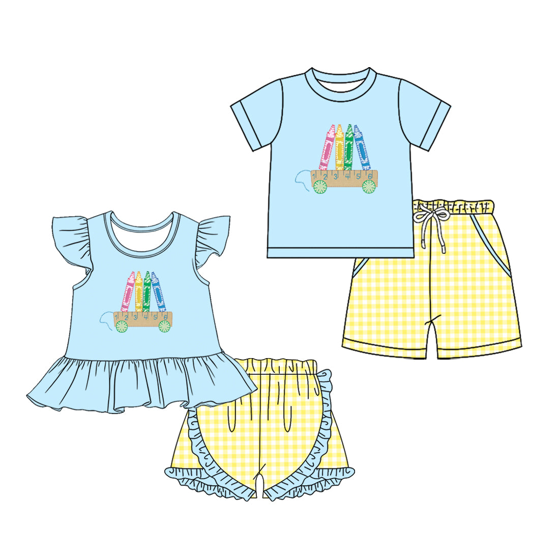 3.11 Custom moq 5 mix size Sibling Baby Girls Boys Back To School Blue Short-Sleeved Top And Yellow Plaid Shorts Set for Infants