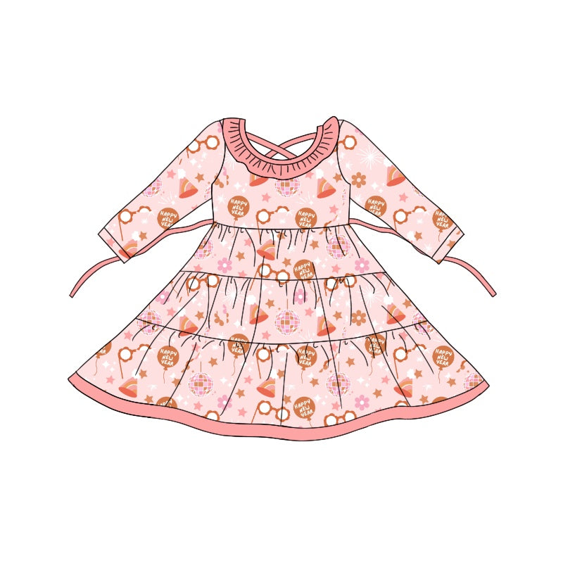 8.20 custom each style moq 5eta 4-6week baby girls clothes happy new year pink long sleeve dress