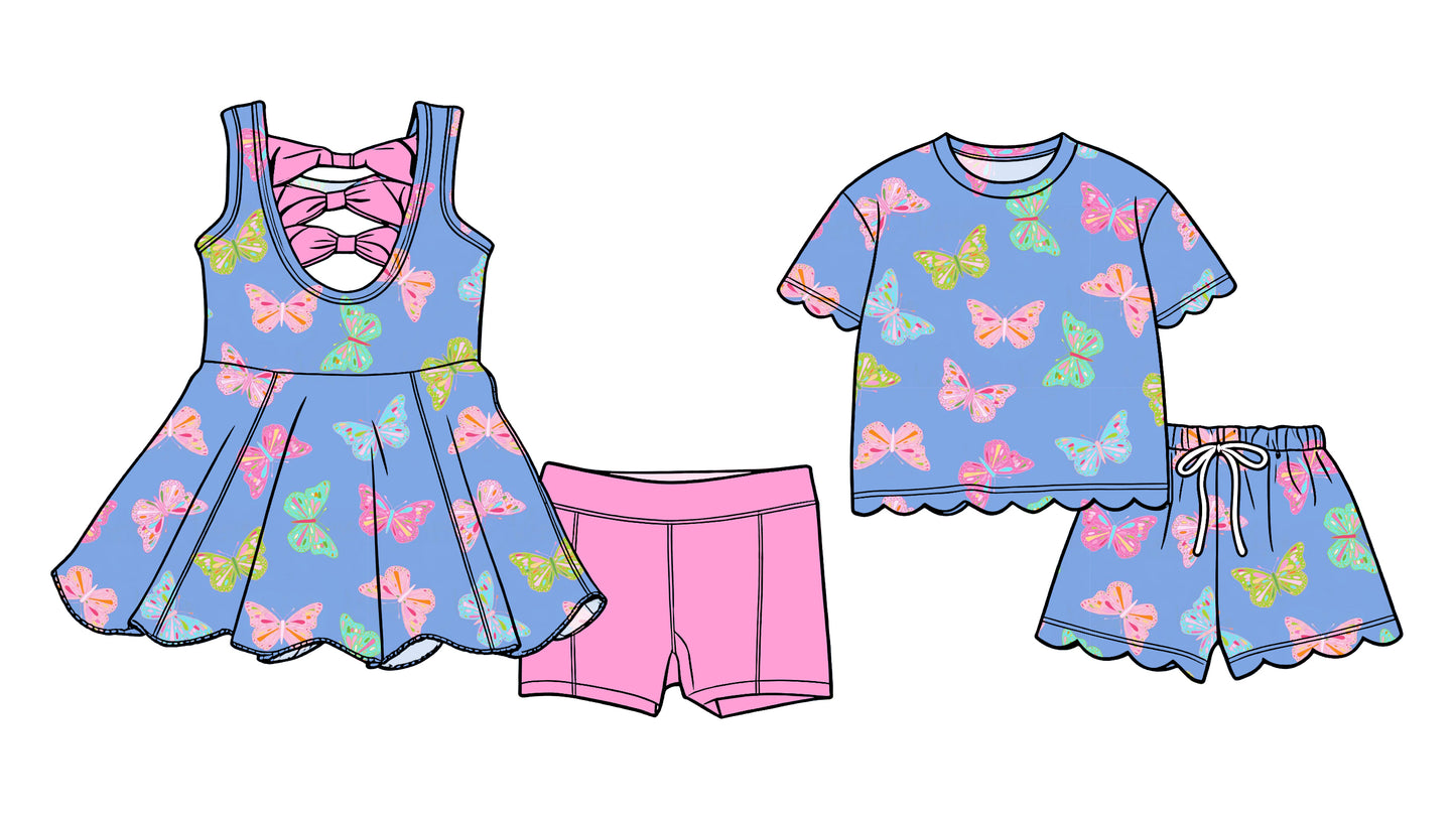 4.2 Custom moq 5 mix size Sibling Baby Girls Butterfly Sleeveless Back Bows Scallop Tunic Shorts Matching Short-Sleeved Shorts Scallop Set