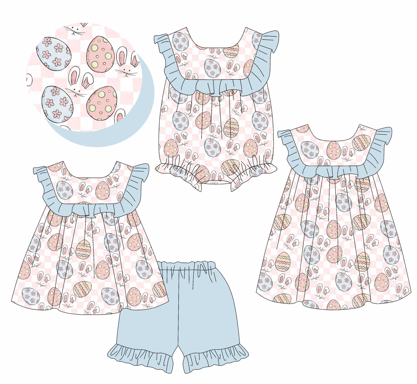 25.11.12 custom each style moq 5 eta 6-8week Sibling Sister bunny baby short sleeve shorts sets and romper and dress match design