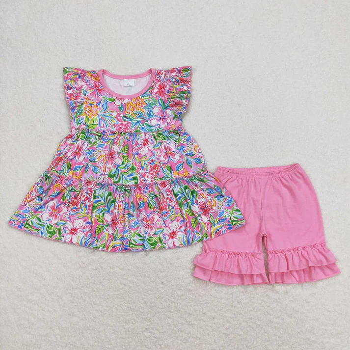 RTS Baby Girls Flowers Tunic Dark Pink Shorts Summer Clothes Sets