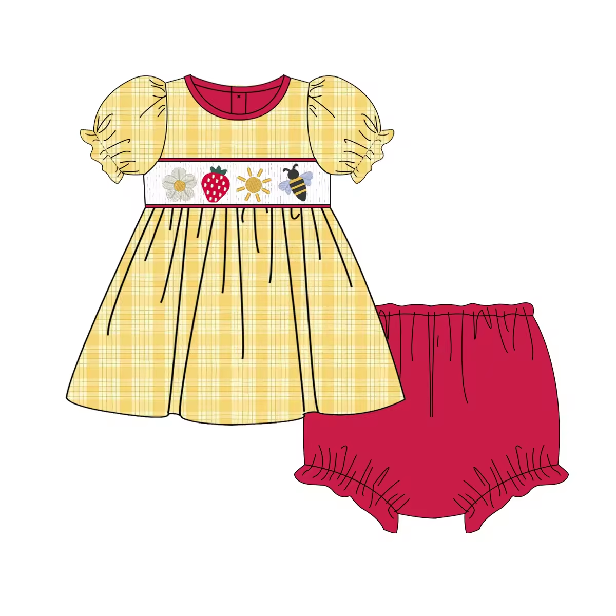 Custom moq 3 eta 6-8 weeks Yellow Plaid Puff Sleeve Thong Set