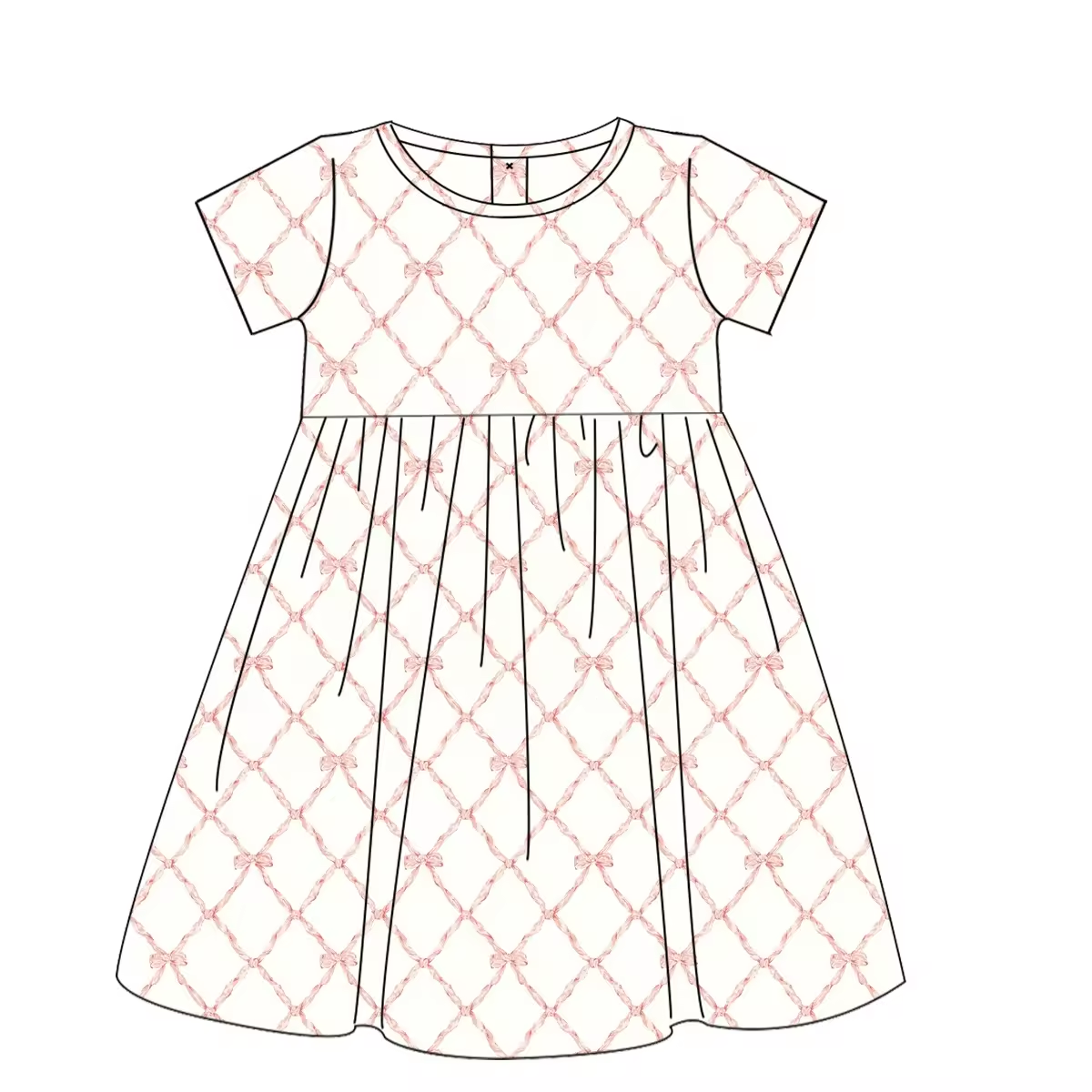 Custom moq 3 eta 6-8weeks Pink Bow Diamond Plaid Short Sleeve Long Dress