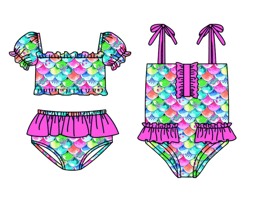 4.8 Custom moq 5 mix size Sibling Baby Girls Fish Scale Top Bummie Swimsuits Matching One Piece Swimsuits