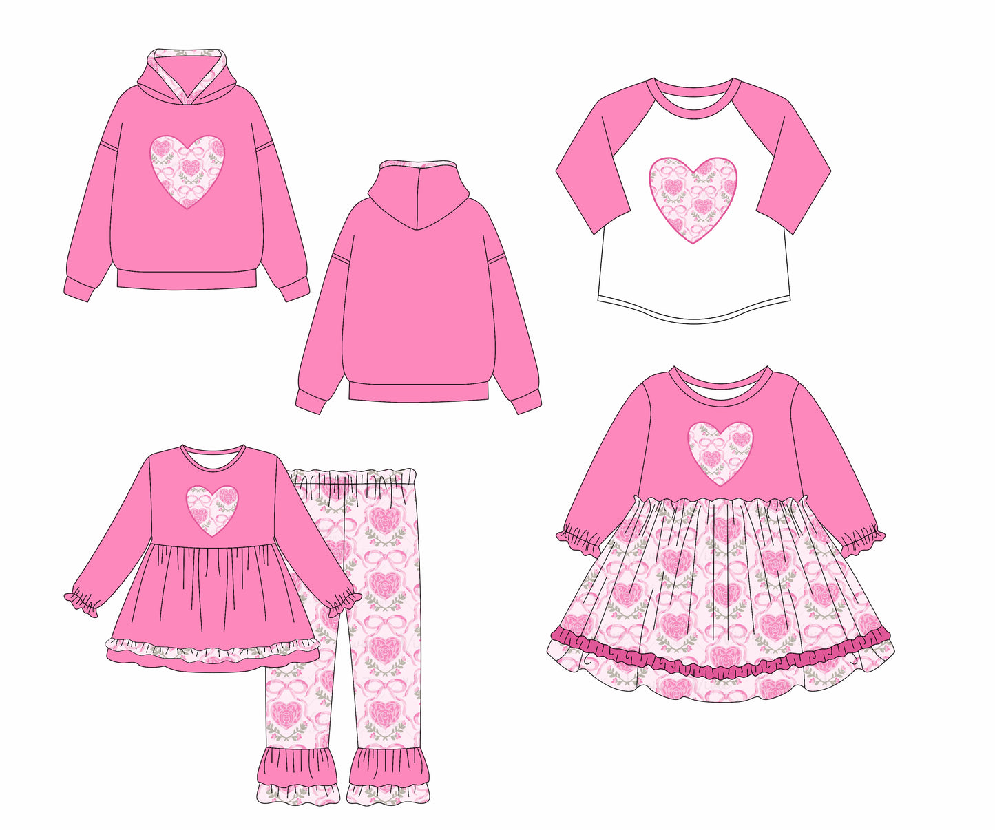 25.7.14 custom each style moq 5eta 4-6week Sibling Sisters love bow pink baby girl long sleeve pants sets and dress and top 1 and top 2 match family design