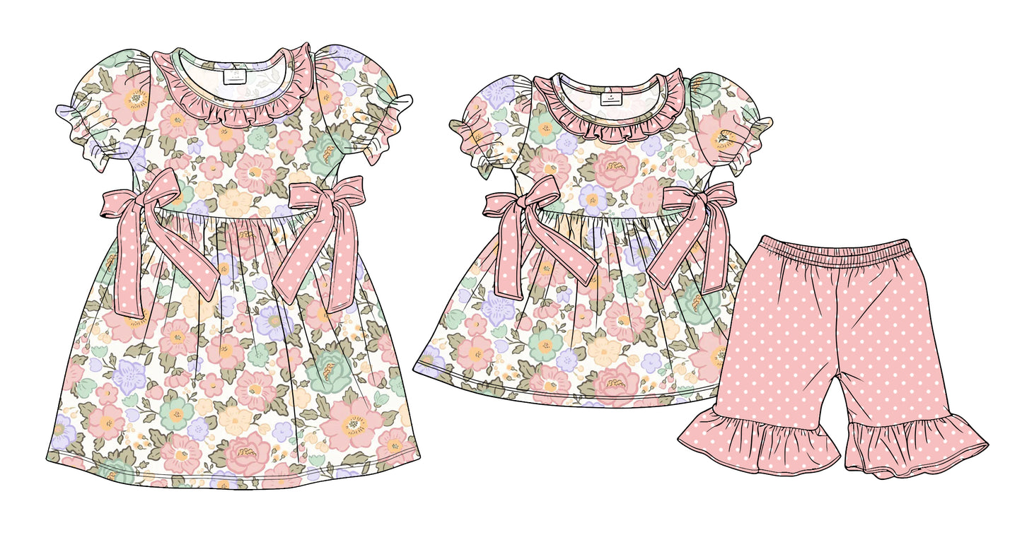 3.24 Custom moq 5 mix size Sibling Baby Girl's Short-Sleeved Top with Bow And Pink Short Set Cute Short-Sleeved Dress for Summer