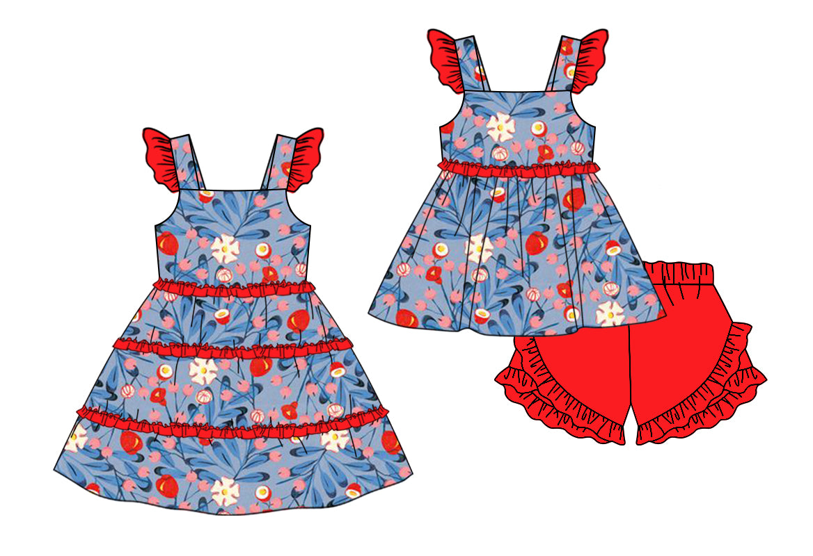 11.11 custom each style moq 5eta 4-6week Sibling Sister floral baby girl short sleeve shorts sets and dresses match design