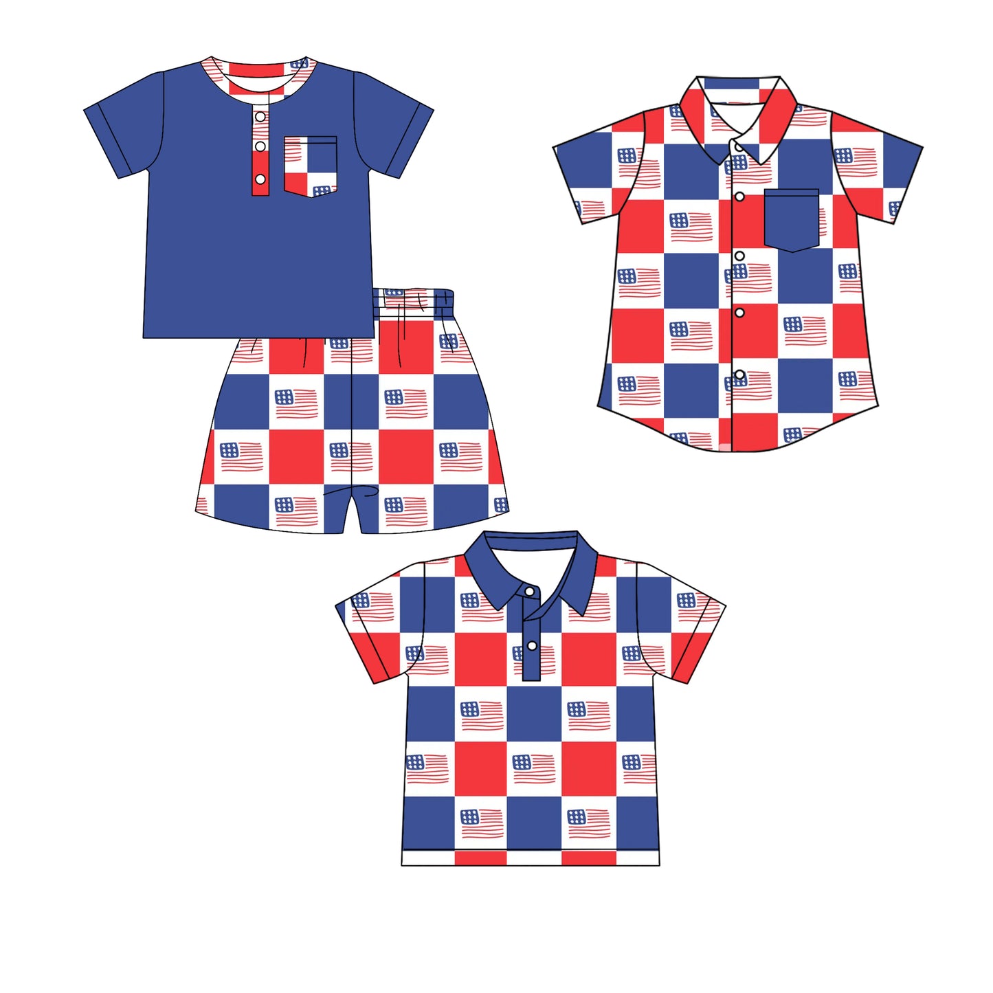 Custom moq 5 mix size Baby Boy Short-Sleeved Top And Shorts Set Polo Shirt button-down top with pockets summer 4th of July Outfit