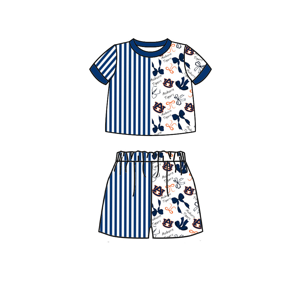 Custom moq 5 mix size milk silk summer teams Baby Striped Bow Print Short Sleeve Top And Shorts Set