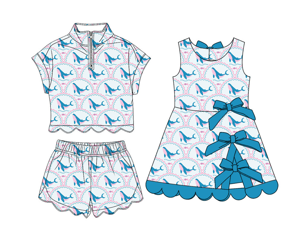 3.25 Custom moq 5 mix size Sibling Baby Girls Blue Zipper Top Short Scallop Sets Yoga Dress Outfit