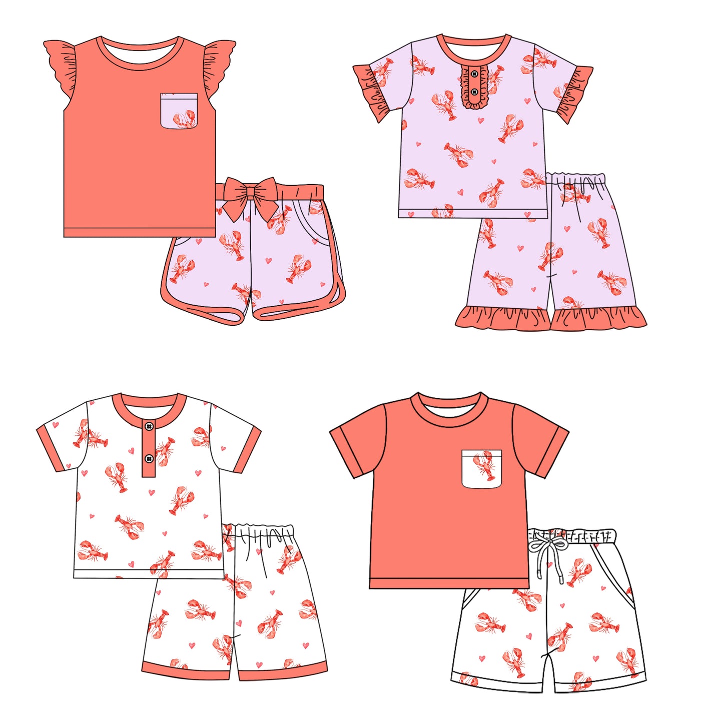 12.17 custom each style moq 5eta 4-6week Sibling Sister crayfish baby boy short sleeve shorts fish sets 1 and easter sets 2 and set 3 match design