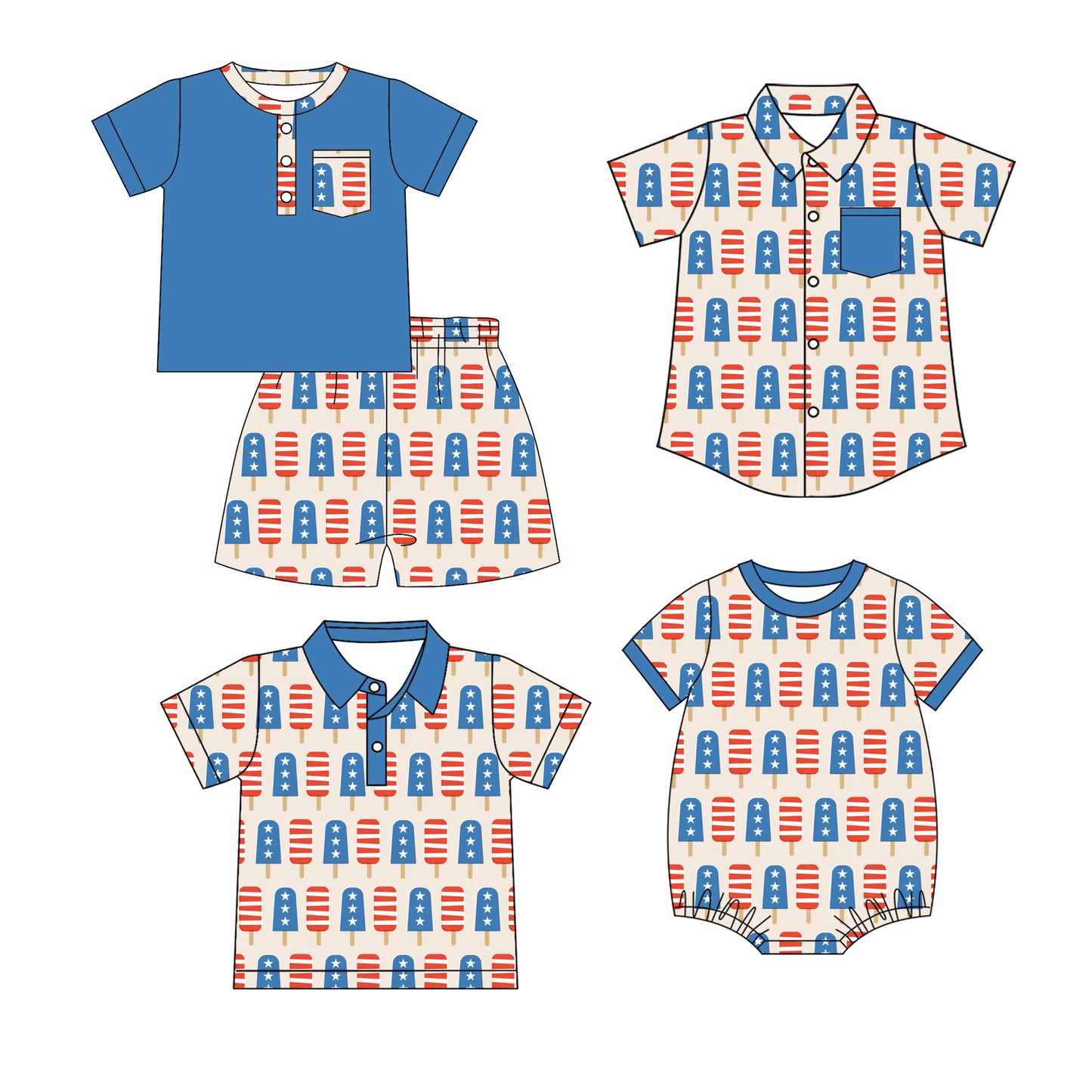 4.6 Custom moq 5 mix size Sibling Baby Boy's 4th of July Short-Sleeved Outfit Set with Matching Polo Shirt And Button-Down Shirt Romper