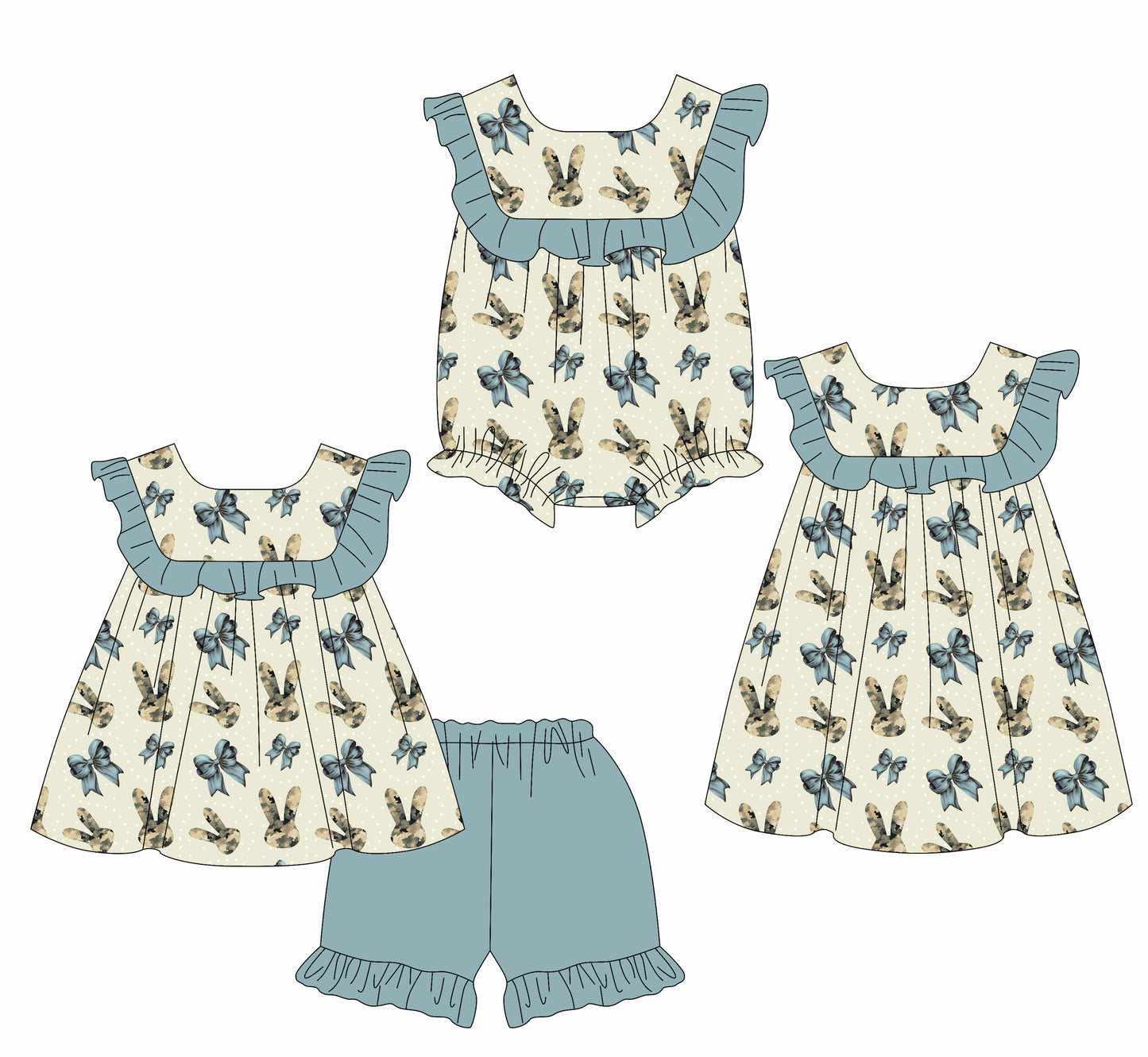 Custom moq 5 mix size Sibling Baby Girl's Rabbit head print Sleeveless Top And Shorts Set Cute Romper Dress for Summer