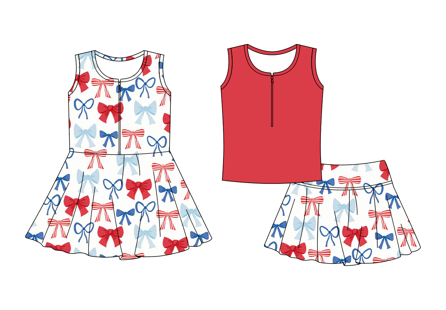 Custom moq 5 mix size Sibling Bow Print 4th of July Baby Girls' Sleeveless Zipper Yoga Set Skirt Top Set Cute Zipper Yoga Dress for Little Girls