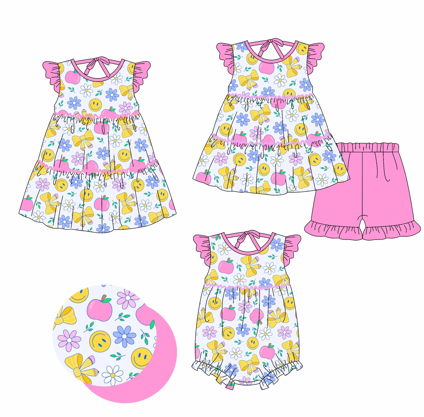 Custom moq 5 mix size Pink Bow-Print Pencil Print Baby Girl Short-Sleeved Romper Dress for Back to School