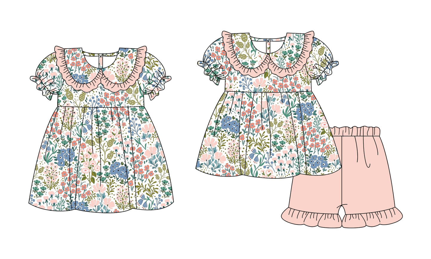 3.5 Custom moq 5 mix size Sibling Baby Girl's Flowers Short-Sleeved Top And Shorts Set Cute Dress for Summer