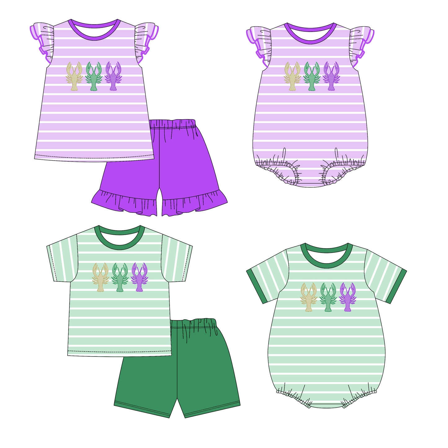 25.11.10 custom each style moq 5 eta 6-8week Sibling Sister lobster baby short sleeve shorts sets 2 and romper 2 match design