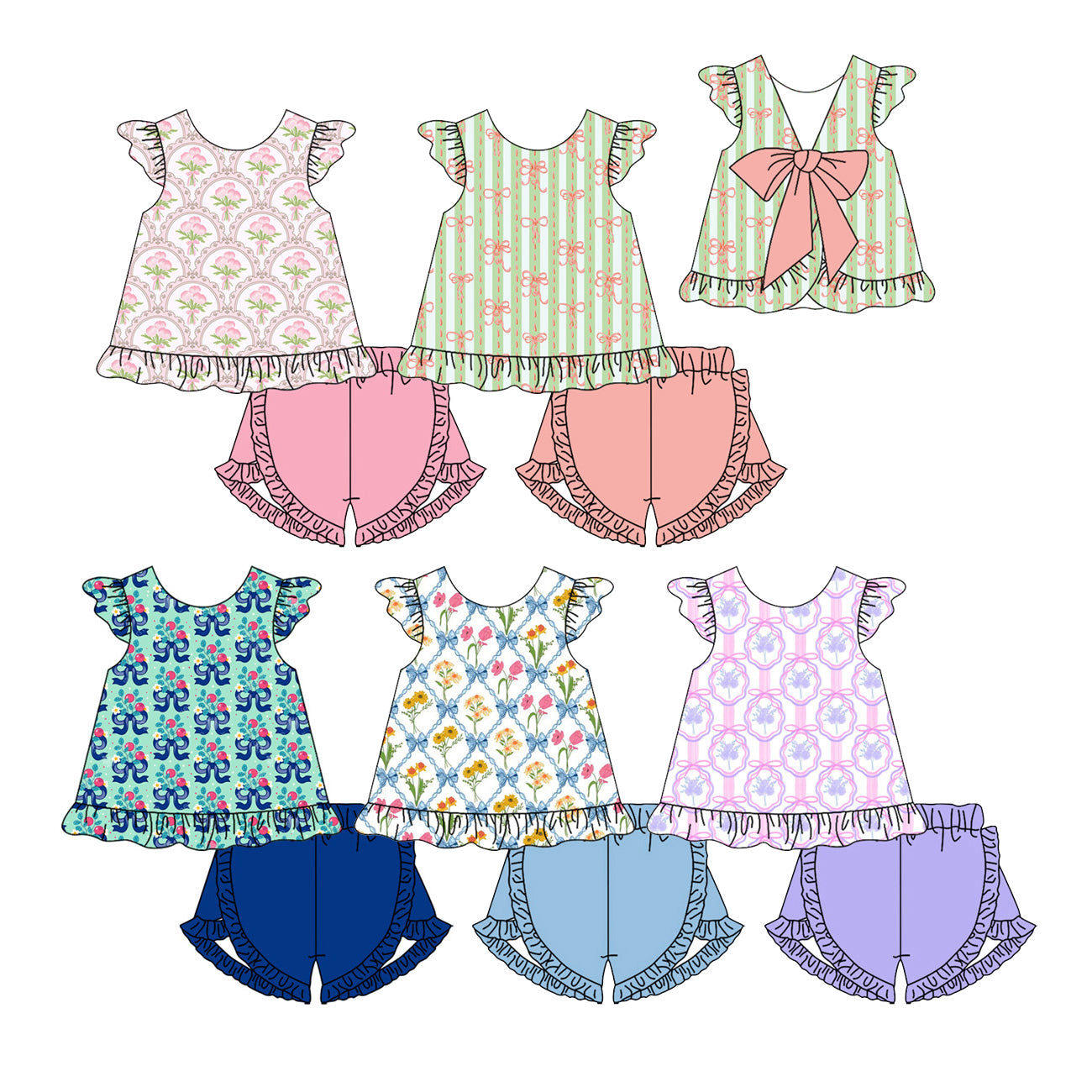 3.13 Custom moq 5 mix size Sibling Kids Sleeveless Colorful Flowers Top And Shorts Set Summer Outfit