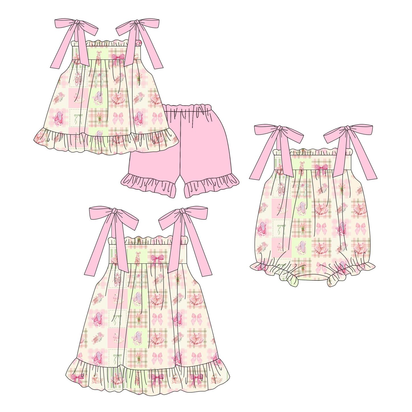 3.14 Custom moq 5 mix size Sibling Cute Clothes Baby Girl's Pink Checked Strap Top And Short Set Matching Romper Dress for Summer