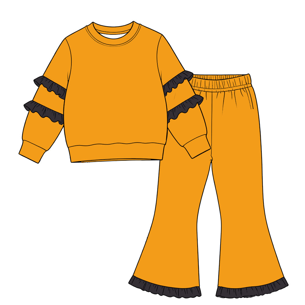 custom moq 5 cotton girls ruffle sets Baby girl yellow ruffle-trim orange long-sleeve top and ruffle-hem flared pants set
