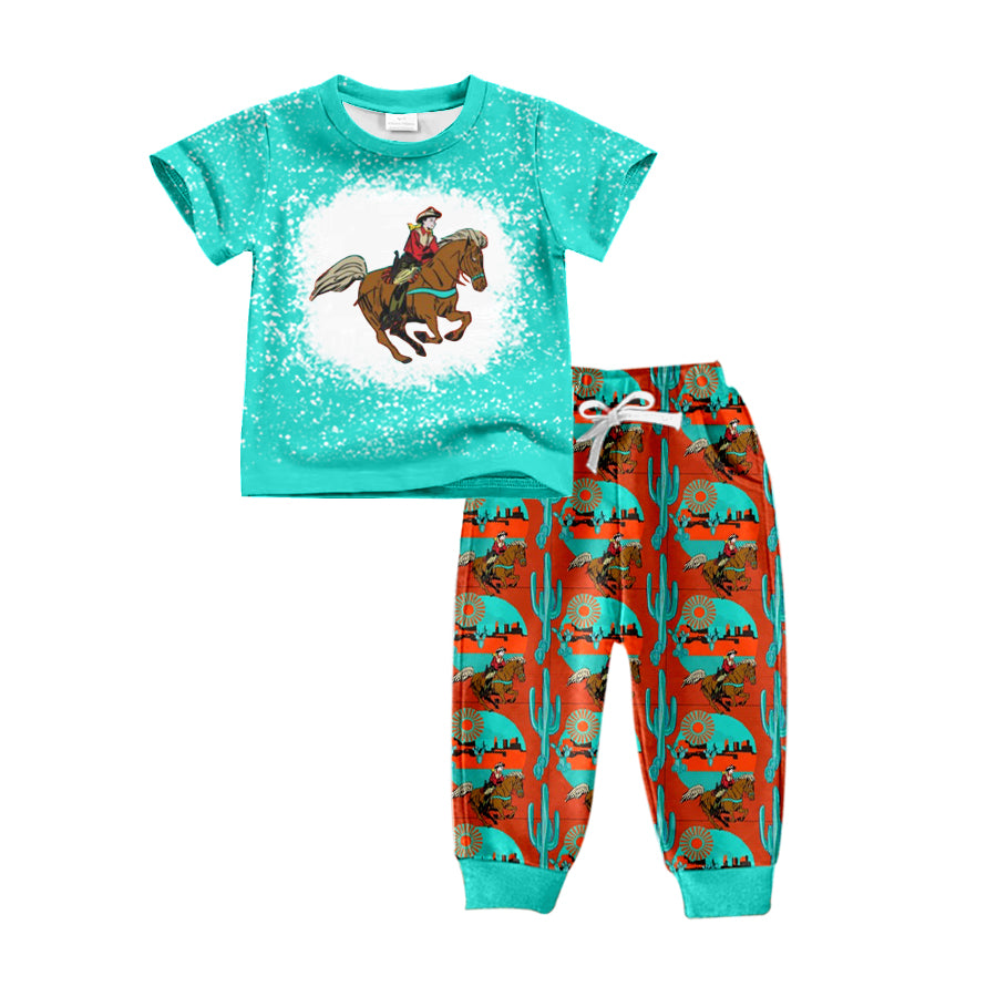 8.17 custom each style moq 5eta 4-6week baby boys clothes riding horse teal short sleeve pants sets