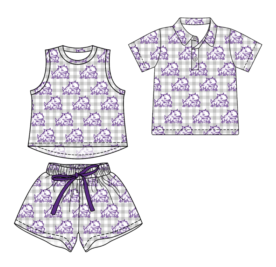 Custom moq 5 mix size milk silk summer teams Checked Girls Sleeveless Grey Top And Short Sets Boys Short Sleeve Button Polo Shirt Top