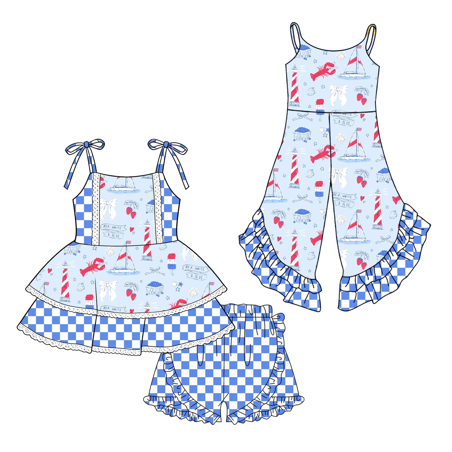 25.12.13 custom each style moq 5 eta 6-8week Sibling Sisters bow lobster baby girl short sleeve shorts sets and jumpsuit match family design