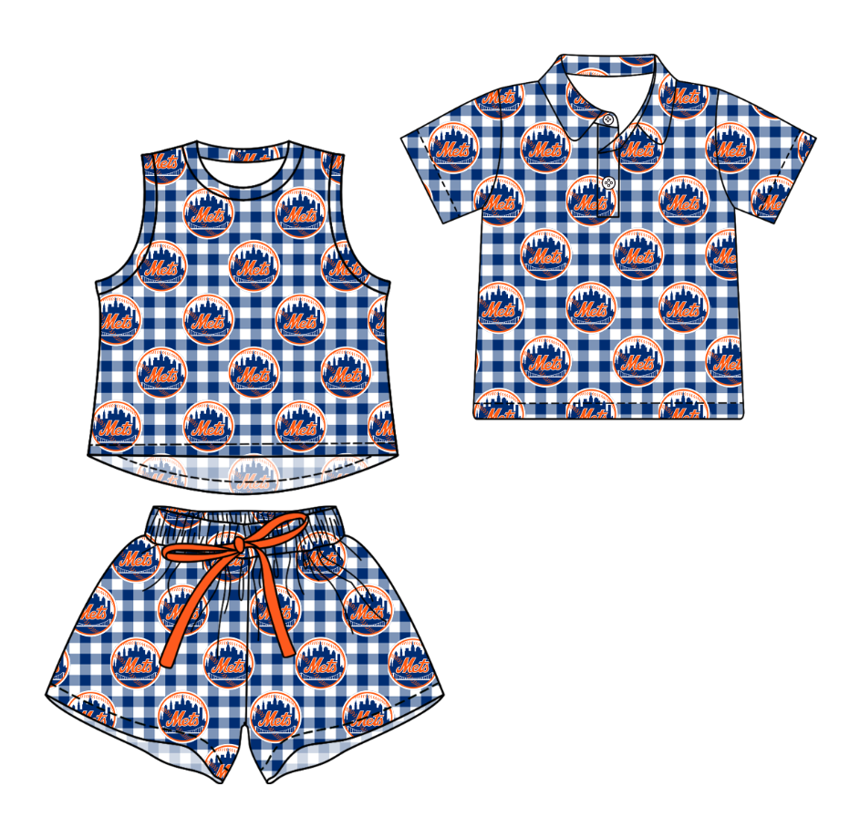 Custom moq 5 mix size milk silk summer teams Navy Blue Checked Girls Sleeveless Top And Short Sets Boys Short Sleeve Button Polo Shirt Top