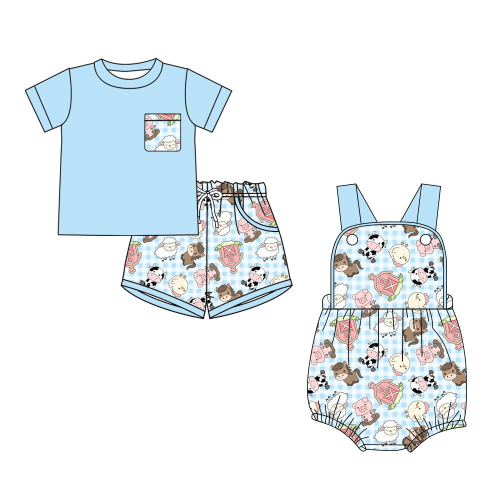 4.7 Custom moq 5 mix size Sibling Baby Boys Blue Checkered Animal Farm Romper Short-Sleeved Top And Shorts Set Summer Outfit