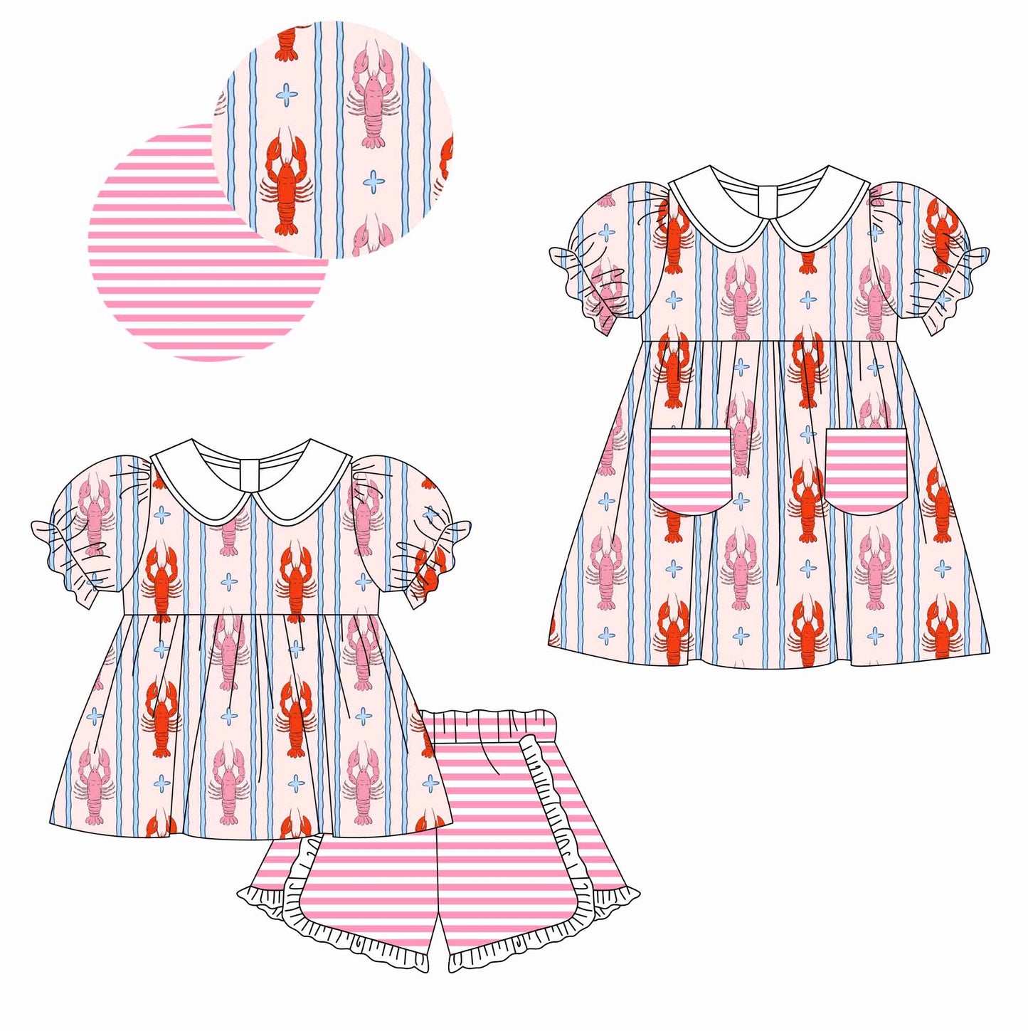 25.12.11 custom each style moq 5 eta 6-8week Sibling Sister lobster baby short sleeve shorts sets and dress match design