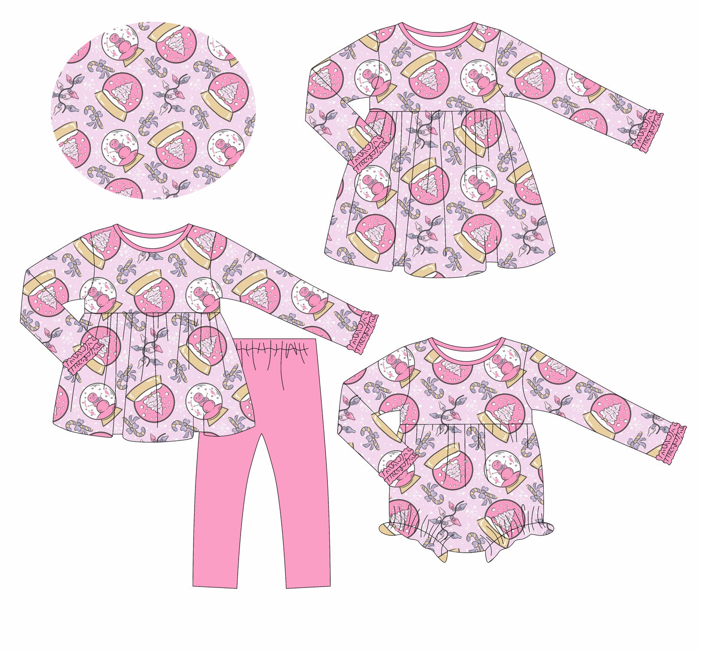 25.6.9 custom each style moq 5eta 4-6week Sibling Sisters Christmas trees pink baby girl long sleeve pants sets and dress and rompers match family design