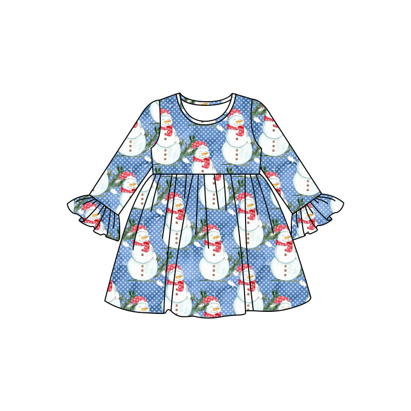 8.6 custom each style moq 5eta 4-6week baby girls clothes snowman blue long sleeve dress