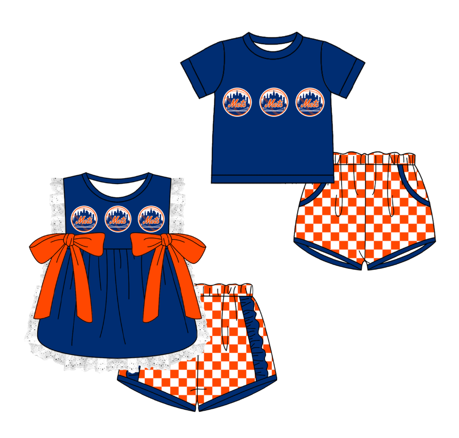 Custom moq 5 mix size milk silk summer teams Navy Blue Girl Sleeveless Top And Plaid Shorts Set with Bow Boy Short Sleeved Top And Plaid Shorts Set