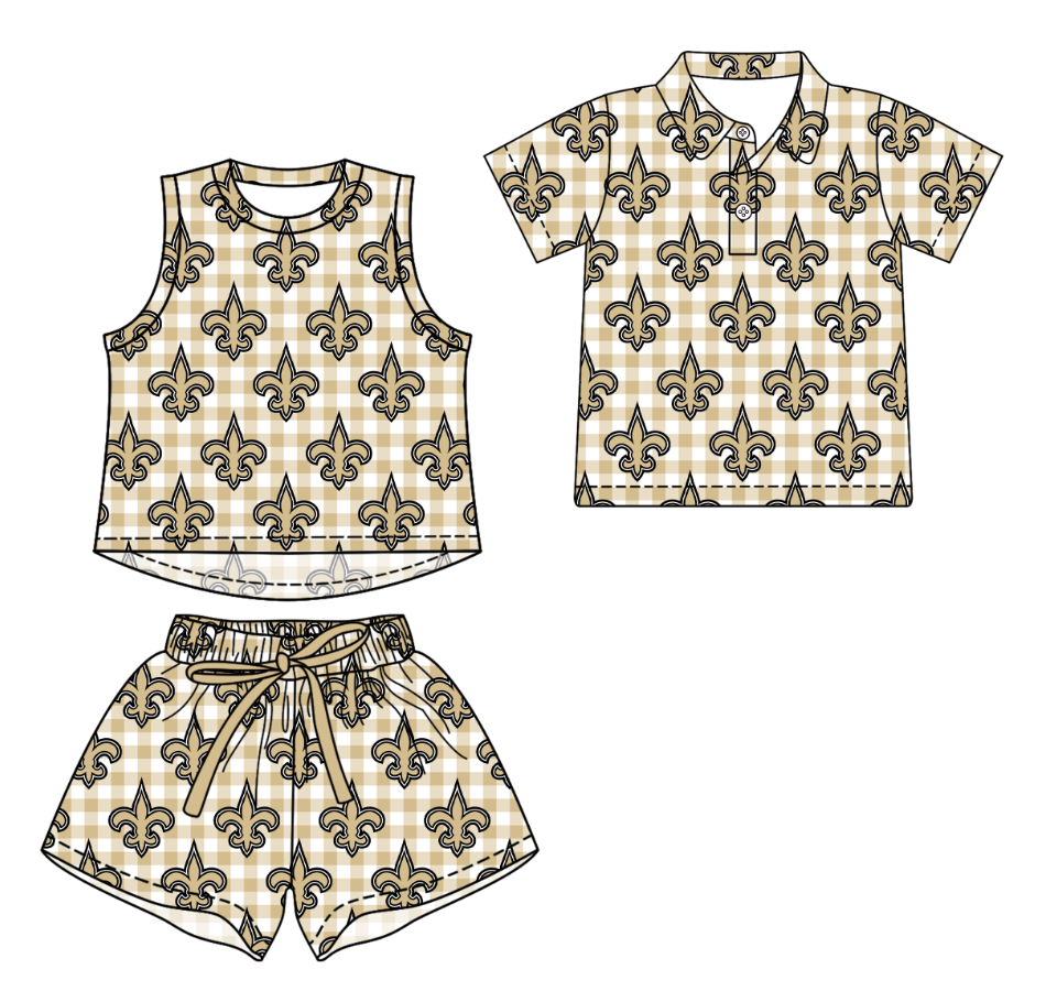 Custom moq 5 mix size milk silk summer teams Girls Yellow Checked Top And Short Sets Boys Short Sleeve Button Polo Shirt Top