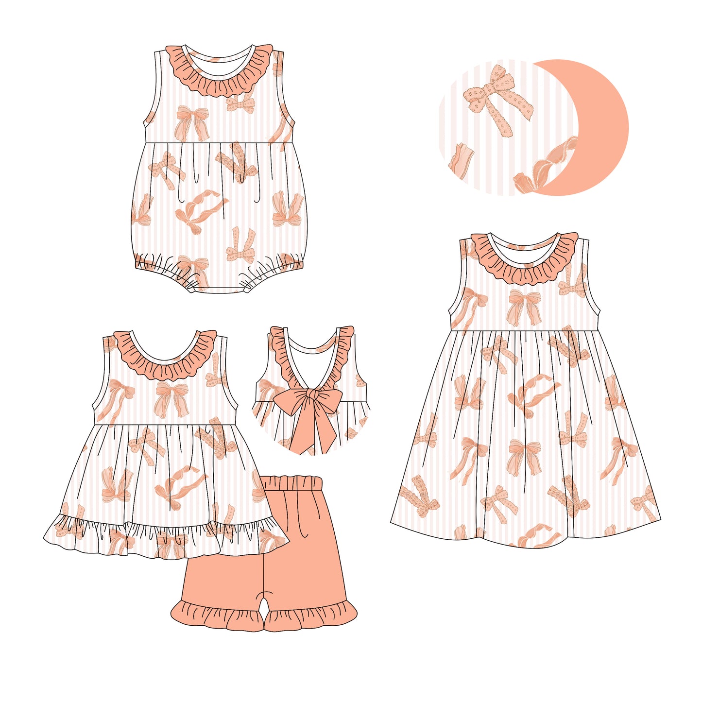 3.19 custom each style moq 5eta 4-6week Sibling Sisters bow baby girl short sleeve shorts sets and dress and rompers match family design